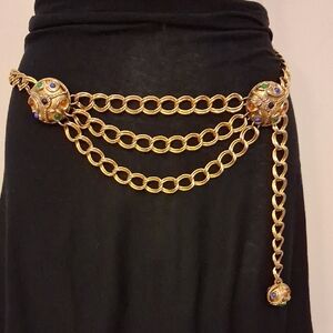 Gold Chain Triple Swag Hip Or Waist Belt with Multicolor Retro Gripoix Cabochons